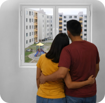 Pareja joven abrazada de espaldas mirando a través de una ventana hacia un complejo de edificios residenciales con áreas verdes, simbolizando la modalidad de Adquisición de Vivienda Nueva (AVN)